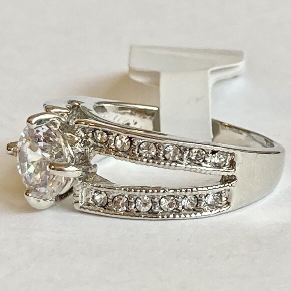 Vintage Silver Cubic Zirconia Cocktail Engagement Ring Size 6 7 8 9 RhodiumPlate - Picture 7 of 15
